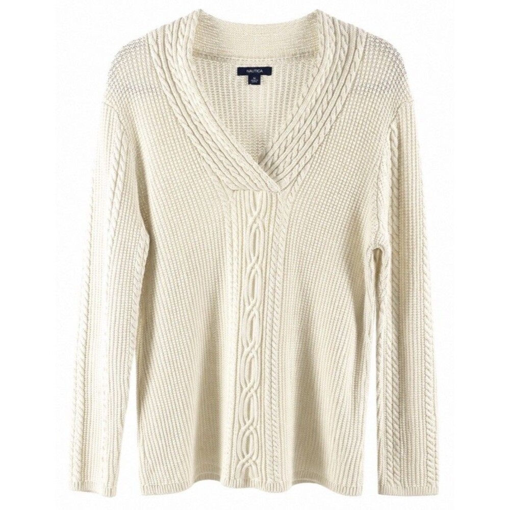 Nautica XL Women’s Ivory Cable Knit Shawl Collar Pullover Sweater Coastal
